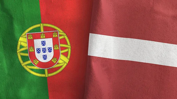 Letland en Portugal twee vlaggen textiel doek 3D rendering — Stockfoto
