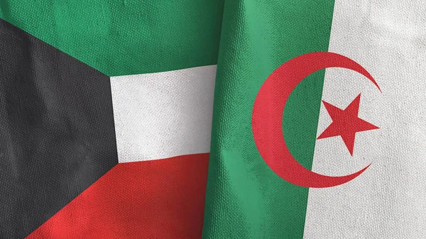 Cezayir ve Kuveyt iki bayraklı tekstil kumaşı 3D.