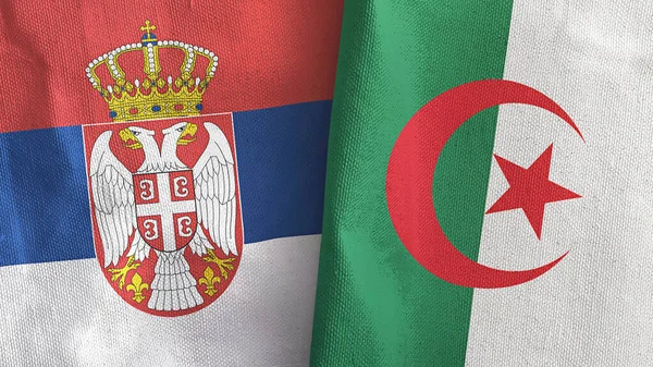 Algerije en Servië twee vlaggen textiel doek 3D rendering — Stockfoto