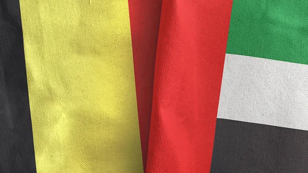 Emirati Arabi Uniti e Belgio due bandiere tessuto 3D rendering — Foto Stock