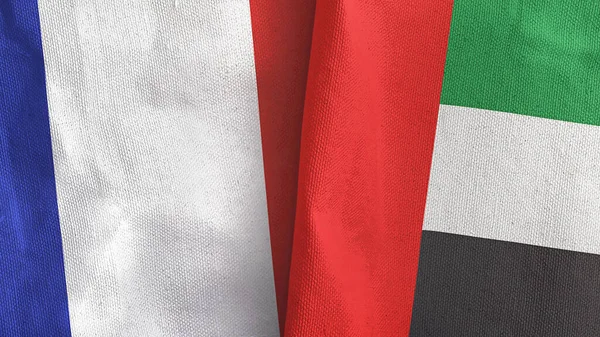 United Arab Emirates and France two flags textile cloth 3D rendering — Stock Photo, Image