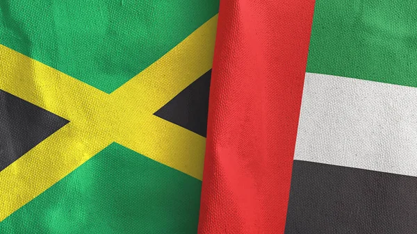 Объединенные Арабские Эмираты и Ямайка два флага текстильная ткань 3D рендеринг — стоковое фото