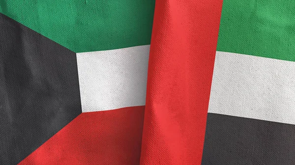 Birleşik Arap Emirlikleri ve Kuveyt iki bayraklı tekstil kumaşı 3D — Stok fotoğraf