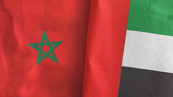 Verenigde Arabische Emiraten en Marokko twee vlaggen textiel doek 3D rendering — Stockfoto