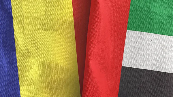 Ηνωμένα Αραβικά Εμιράτα και Ρουμανία δύο σημαίες υφασμάτινο ύφασμα 3D απόδοση — Φωτογραφία Αρχείου