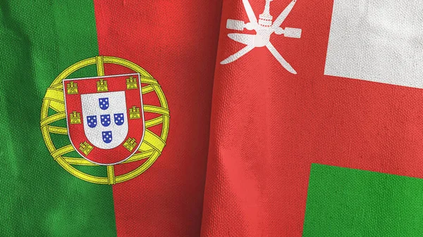 Oman en Portugal twee vlaggen textiel doek 3D rendering — Stockfoto