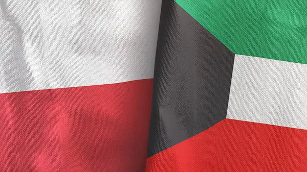 Kuwejt i Polska dwie flagi tkaniny tekstylne 3D rendering — Zdjęcie stockowe