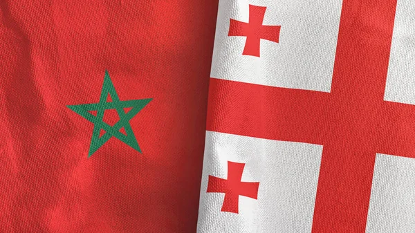 Georgië en Marokko twee vlaggen textiel doek 3D rendering — Stockfoto