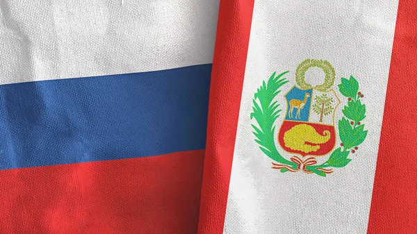 Perú y Rusia dos banderas de tela textil 3D renderizado — Foto de Stock