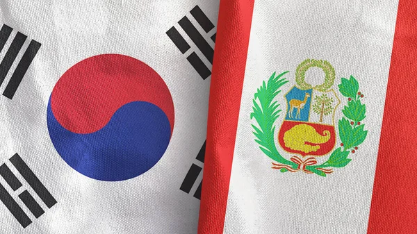 Peru a Jižní Korea dvě vlajky textilní látky 3D vykreslování — Stock fotografie