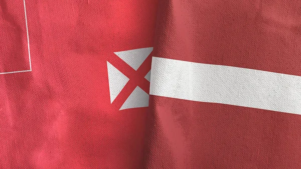 Letonia y Wallis y Futuna dos banderas de tela textil representación 3D —  Fotos de Stock