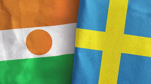 Suecia y Níger dos banderas de tela textil representación 3D — Foto de Stock