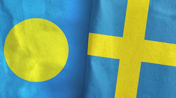 Suecia y Palau dos banderas de tela textil 3D renderizado —  Fotos de Stock