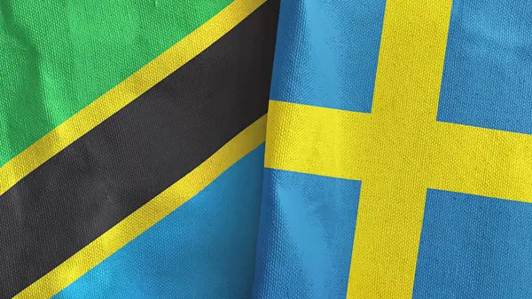 瑞典和坦桑尼亚两国国旗纺织品3D渲染 — 图库照片