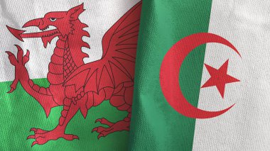 Cezayir ve Galler 'de iki bayrak, tekstil kumaşı 3D.