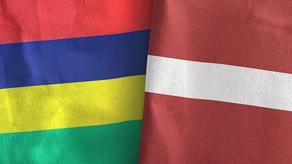 Латвія і Маврикій два прапори текстильна тканина 3D рендеринг — стокове фото