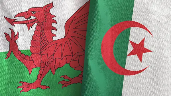 Cezayir ve Galler 'de iki bayrak, tekstil kumaşı 3D.