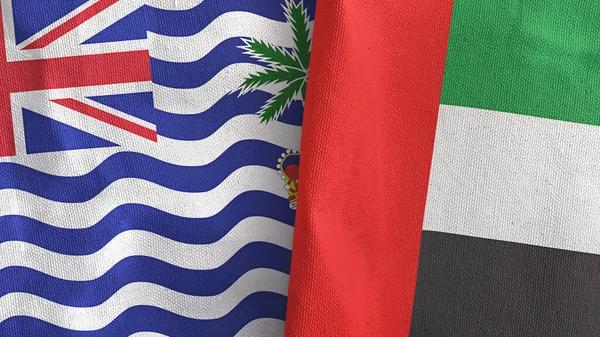 Emiratos Árabes Unidos y Territorio Indio Británico dos banderas textil 3D renderizado — Foto de Stock