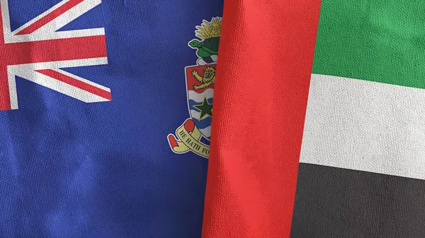 Emiratos Árabes Unidos e Islas Caimán dos banderas de tela textil 3D renderizado — Foto de Stock
