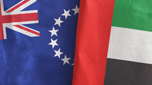 Emiratos Árabes Unidos e Islas Cook dos banderas de tela textil 3D renderizado — Foto de Stock