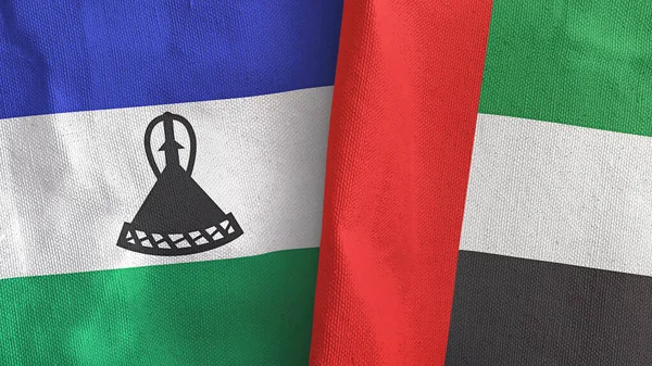 Egyesült Arab Emírségek és Lesotho két zászló textil ruha 3D renderelés — Stock Fotó