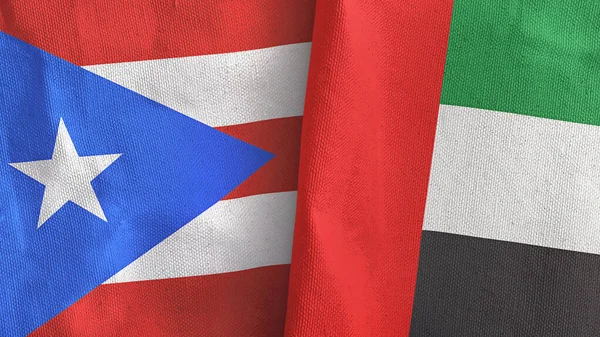 Verenigde Arabische Emiraten en Puerto Rico twee vlaggen textiel doek 3D rendering — Stockfoto