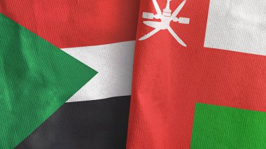 Umman ve Sudan 'ın iki bayrağı tekstil kumaşı 3D.