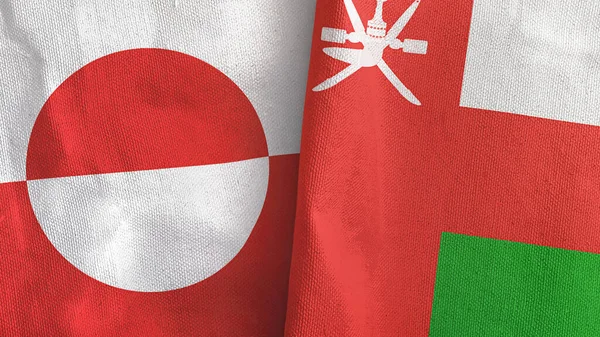 Oman i Grenlandia dwie flagi tkaniny tekstylne 3D renderowania — Zdjęcie stockowe