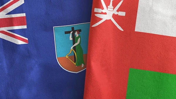 Omán y Montserrat dos banderas de tela textil representación 3D — Foto de Stock