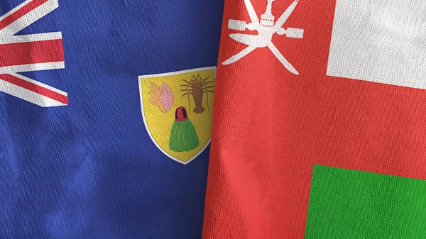 Omán y las Islas Turcas y Caicos dos banderas de tela textil representación 3D — Foto de Stock