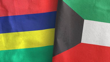 Kuveyt ve Mauritius 'un iki bayrağı tekstil kumaşı 3D.