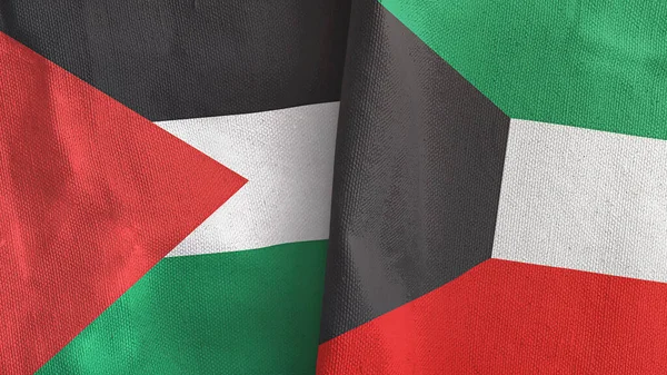 Kuwait and Palestine two flags textile cloth 3D rendering — Stock Photo, Image