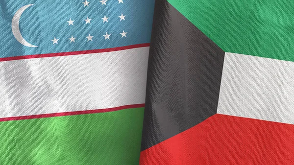 Kuwait y Uzbekistán dos banderas de tela textil representación 3D — Foto de Stock