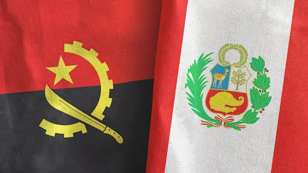 Peru ve Angola 'nın iki bayrağı tekstil kumaşı 3D. — Stok fotoğraf