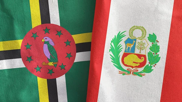 Peru en Dominica twee vlaggen textiel doek 3D rendering — Stockfoto