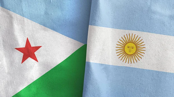 Argentina and Djibouti two flags textile cloth 3D rendering — Stock Photo, Image