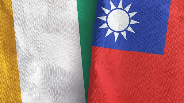 Tajwan i Wybrzeże Kości Słoniowej Wybrzeże Kości Słoniowej dwie flagi tkaniny tekstylne 3D renderowania — Zdjęcie stockowe