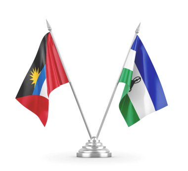 Lesotho ve Antigua ve Barbuda masa bayrakları beyaz 3D görüntüleme üzerinde izole 