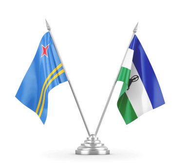 Lesotho ve Aruba masa bayrakları beyaz 3D görüntüleme üzerinde izole