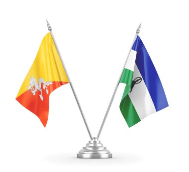 Lesotho ve Butan masa bayrakları beyaz 3D görüntüleme üzerinde izole 