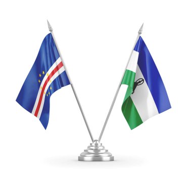 Lesotho ve Cape Cabo Verde masa bayrakları beyaz 3D görüntüleme üzerinde izole 