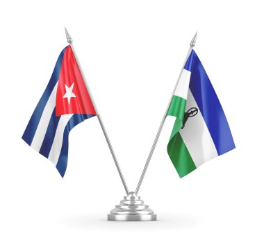 Lesotho ve Küba masa bayrakları beyaz 3D görüntüleme üzerinde izole