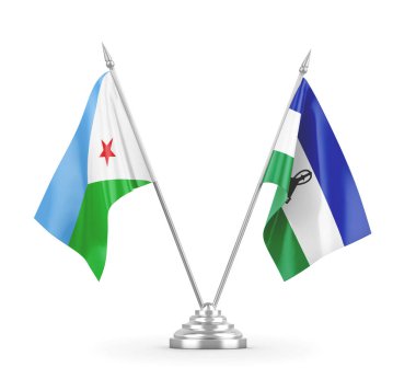 Lesotho ve Cibuti masa bayrakları beyaz 3D görüntüleme üzerinde izole