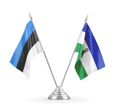 Lesotho ve Estonya masa bayrakları beyaz 3D görüntüleme üzerinde izole