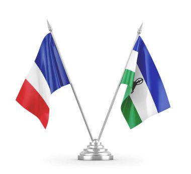 Lesotho ve Fransa masa bayrakları beyaz 3D görüntüleme üzerinde izole