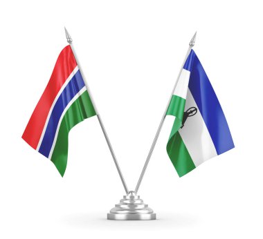 Lesotho ve Gambiya masa bayrakları beyaz 3D görüntüleme üzerinde izole
