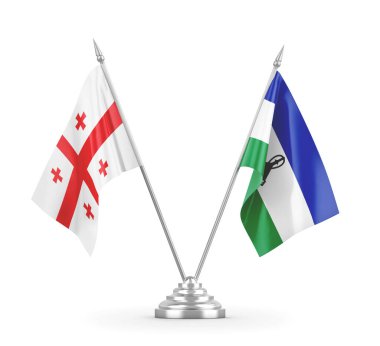 Lesotho ve Gürcistan masa bayrakları beyaz 3D görüntüleme üzerinde izole