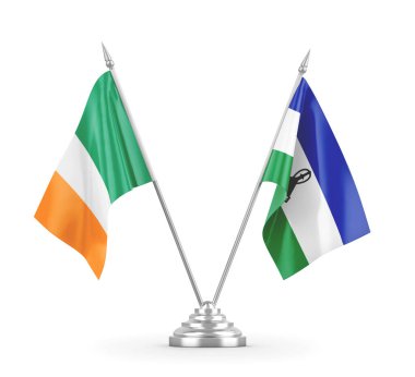 Lesotho ve İrlanda masa bayrakları beyaz 3D görüntüleme üzerinde izole