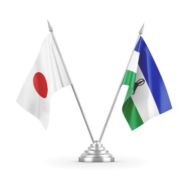 Lesotho ve Japonya masa bayrakları beyaz 3D görüntüleme üzerinde izole