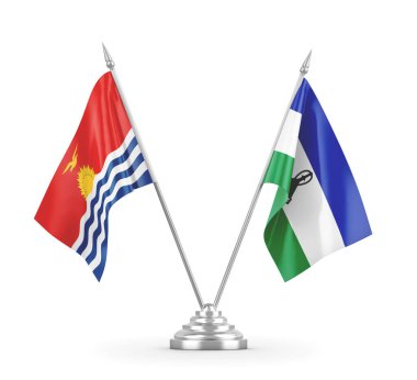 Lesotho ve Kiribati masa bayrakları beyaz 3D görüntüleme üzerinde izole